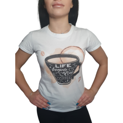 Koszulka bawełniana "Life begins after coffee" biała